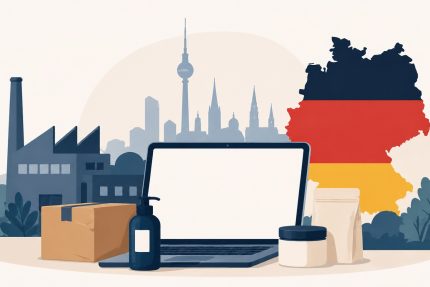 Flache Illustration eines Laptops mit Produktverpackungen im Vordergrund, vor einer stilisierten deutschen Skyline mit Fabrikgebäuden und einer Deutschlandkarte in den Nationalfarben, als visuelle Darstellung von Direct-to-Consumer-Commerce und Produktion in Deutschland.