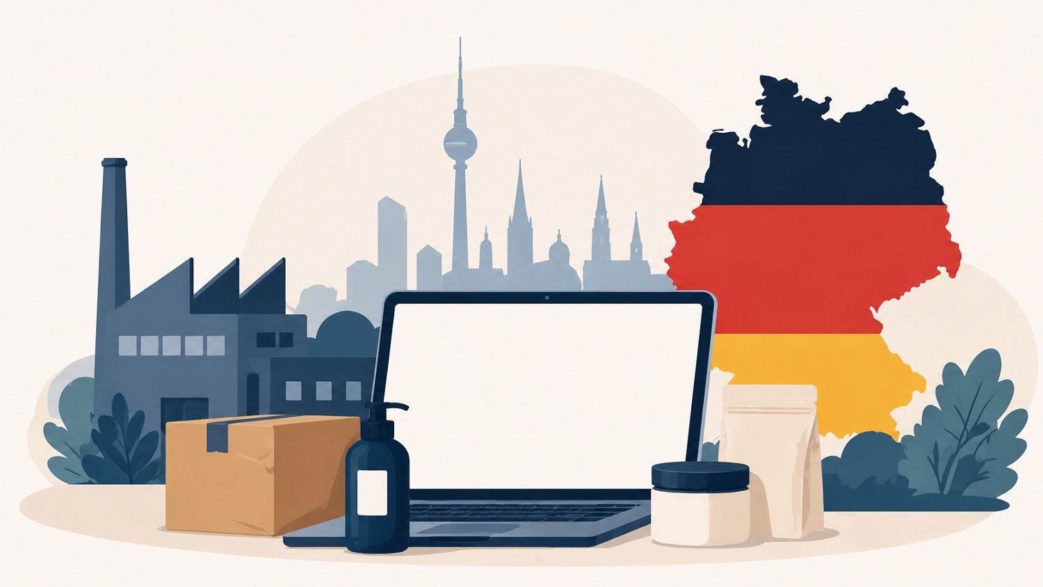 Flache Illustration eines Laptops mit Produktverpackungen im Vordergrund, vor einer stilisierten deutschen Skyline mit Fabrikgebäuden und einer Deutschlandkarte in den Nationalfarben, als visuelle Darstellung von Direct-to-Consumer-Commerce und Produktion in Deutschland.