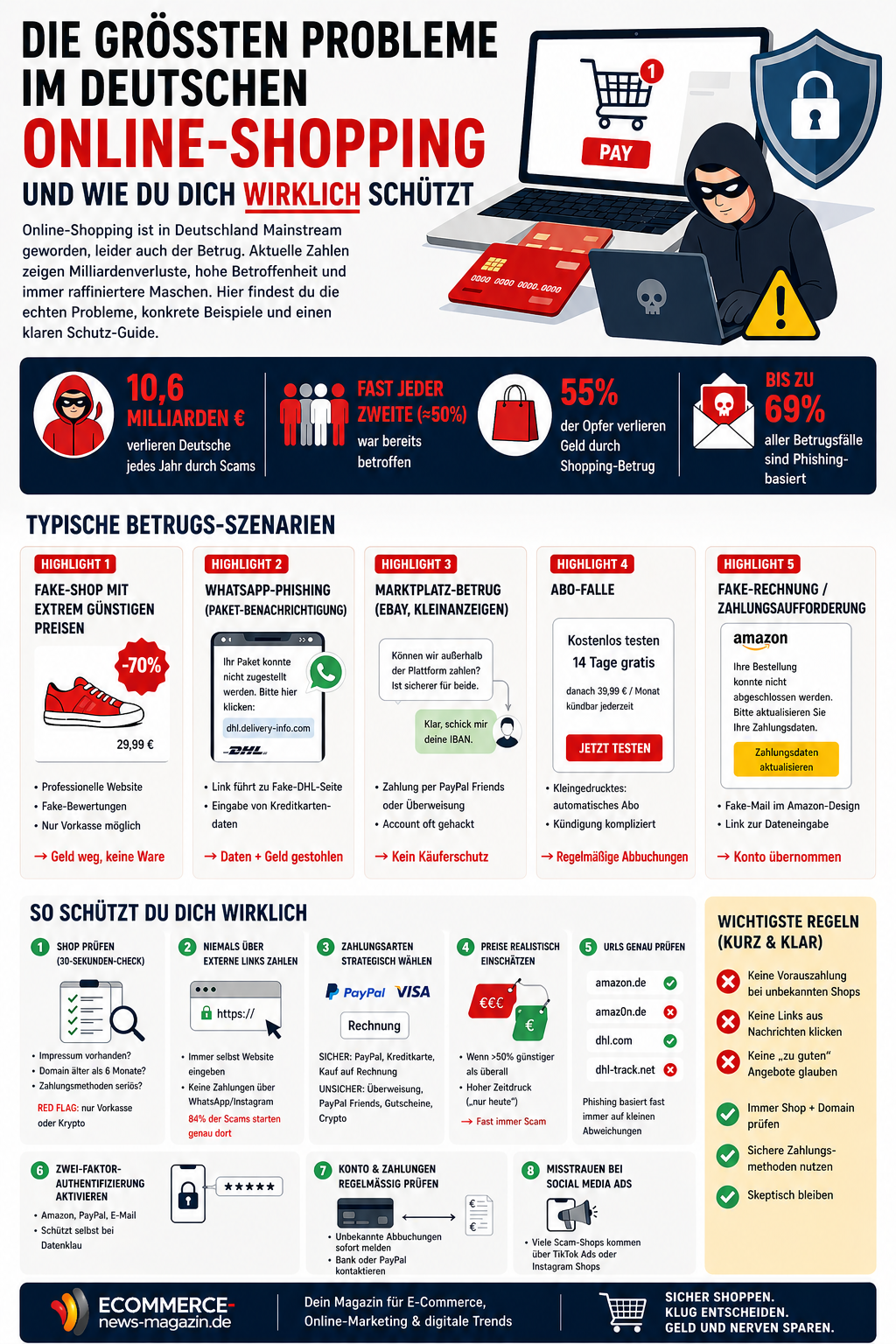 Infografik zu Online-Shopping Betrug in Deutschland mit Statistiken, typischen Scam-Szenarien und Tipps zum Schutz vor Phishing, Fake-Shops und Zahlungsbetrug